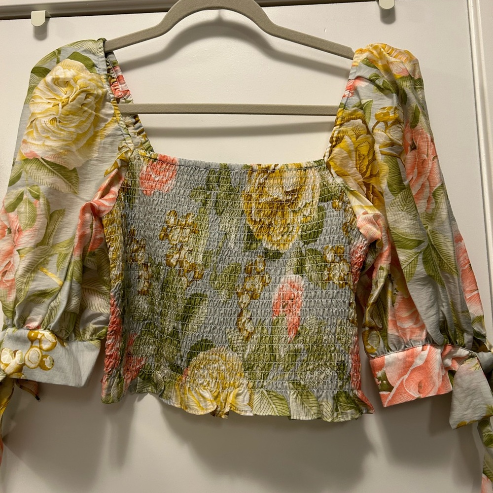 Express Floral Smocked Puff Sleeve Crop Square Neck Top